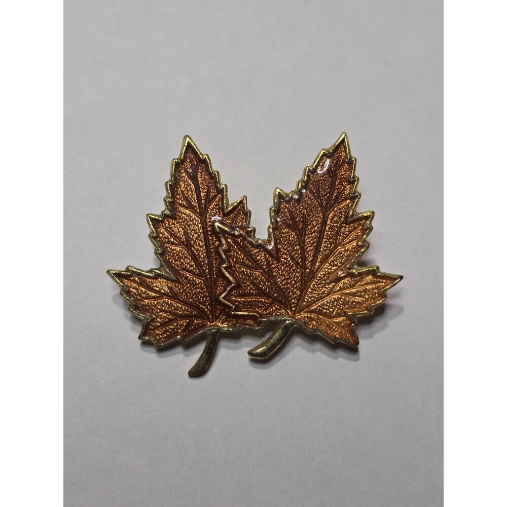 Vintage Double Maple Leaves Brooch/ Pin Enamel Coated Gold Tone 1.5” Fall